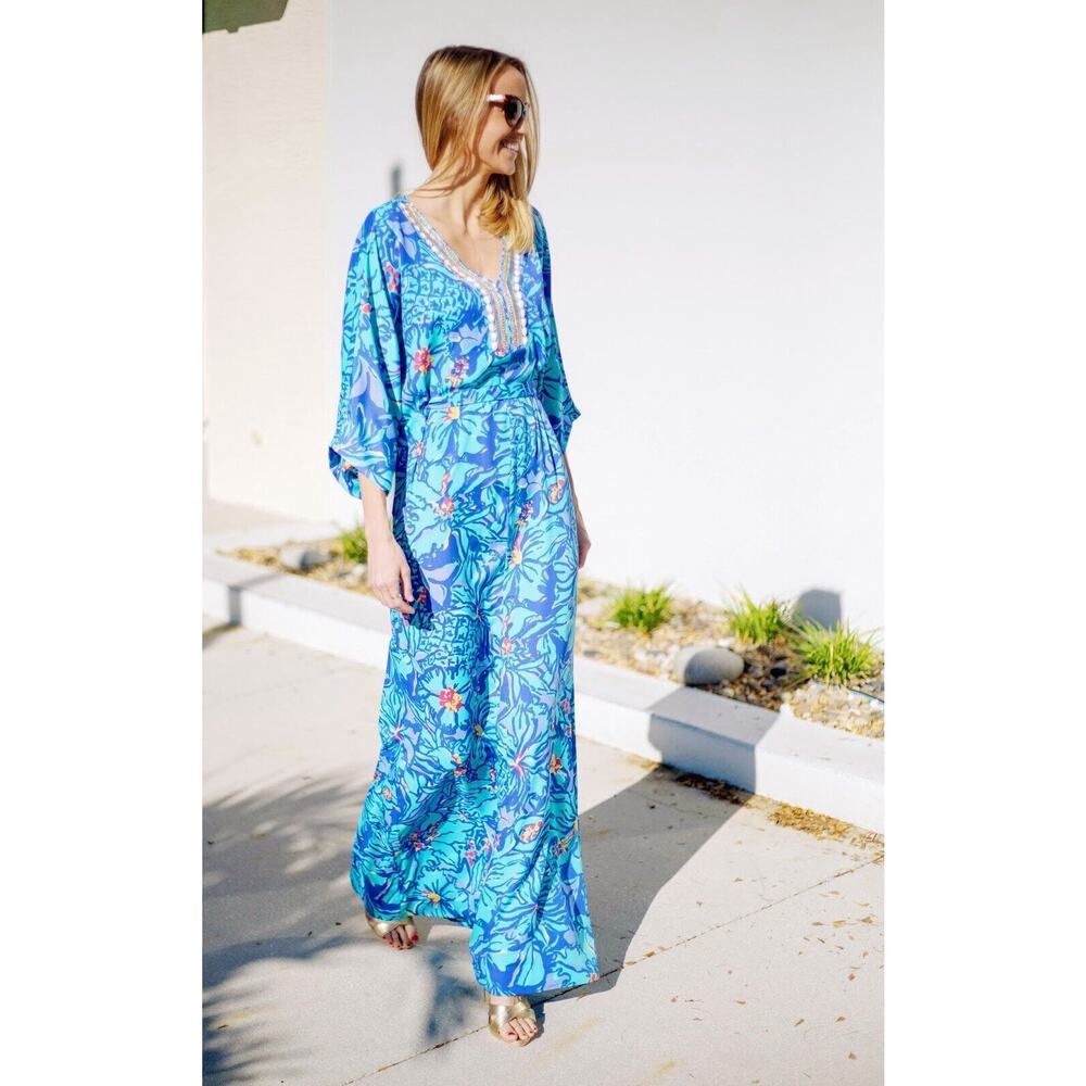 NWT Rare Lilly Pulitzer Wilda Maxi Caftan Iris Blue Mai Tai Size XS Missing Belt - Picture 1 of 11